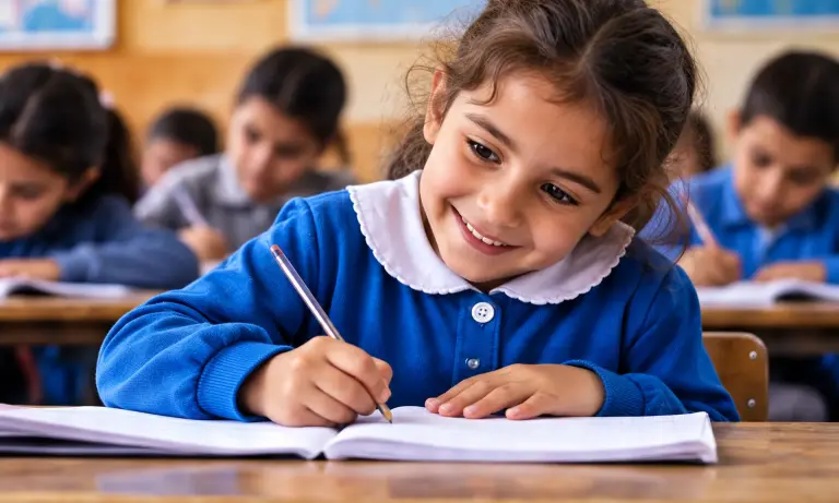 Sınıfta defterine yazan kız çocuğu